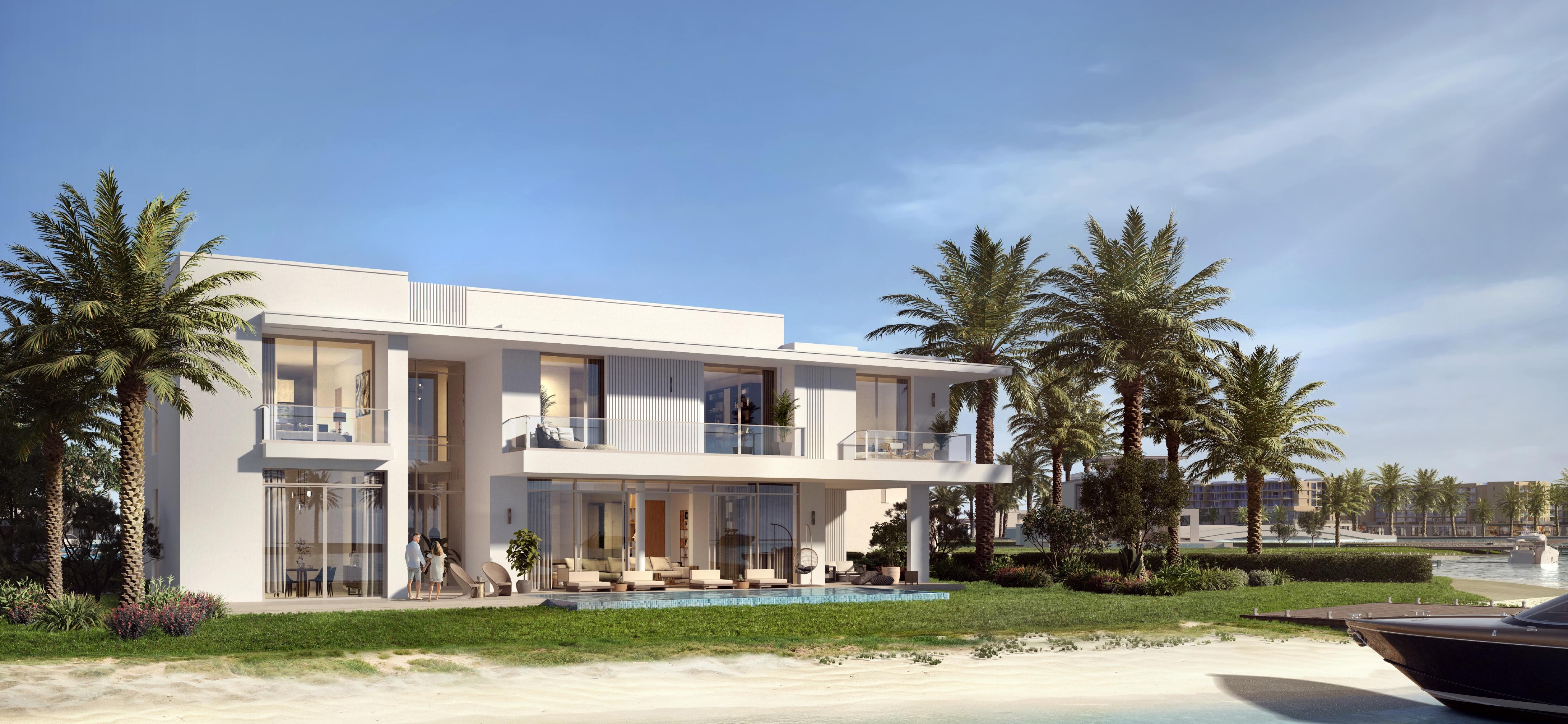 Ramhan Island villa exterior render — waterfront private pool villa, Eagle Hills, Abu Dhabi